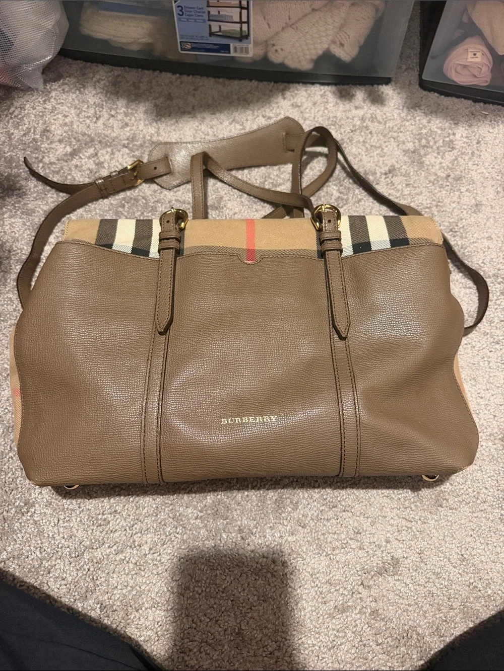 Authentic Burberry Diaper Bag Taupe with Signature Check